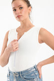 White Half Zipper Rib Bodysuit - Fit Freak
