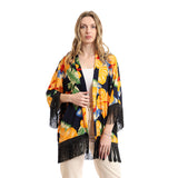 Floral Comfy Summery Kimono With Fringes - Kady