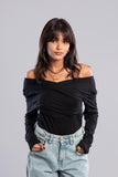 Long Sleeve Crossed Shoulders Top  - Azul