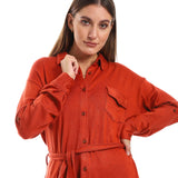 Long Sleeves Buttons Belted Shirt - Kady