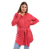 Long Sleeves Buttons Belted Shirt - Kady