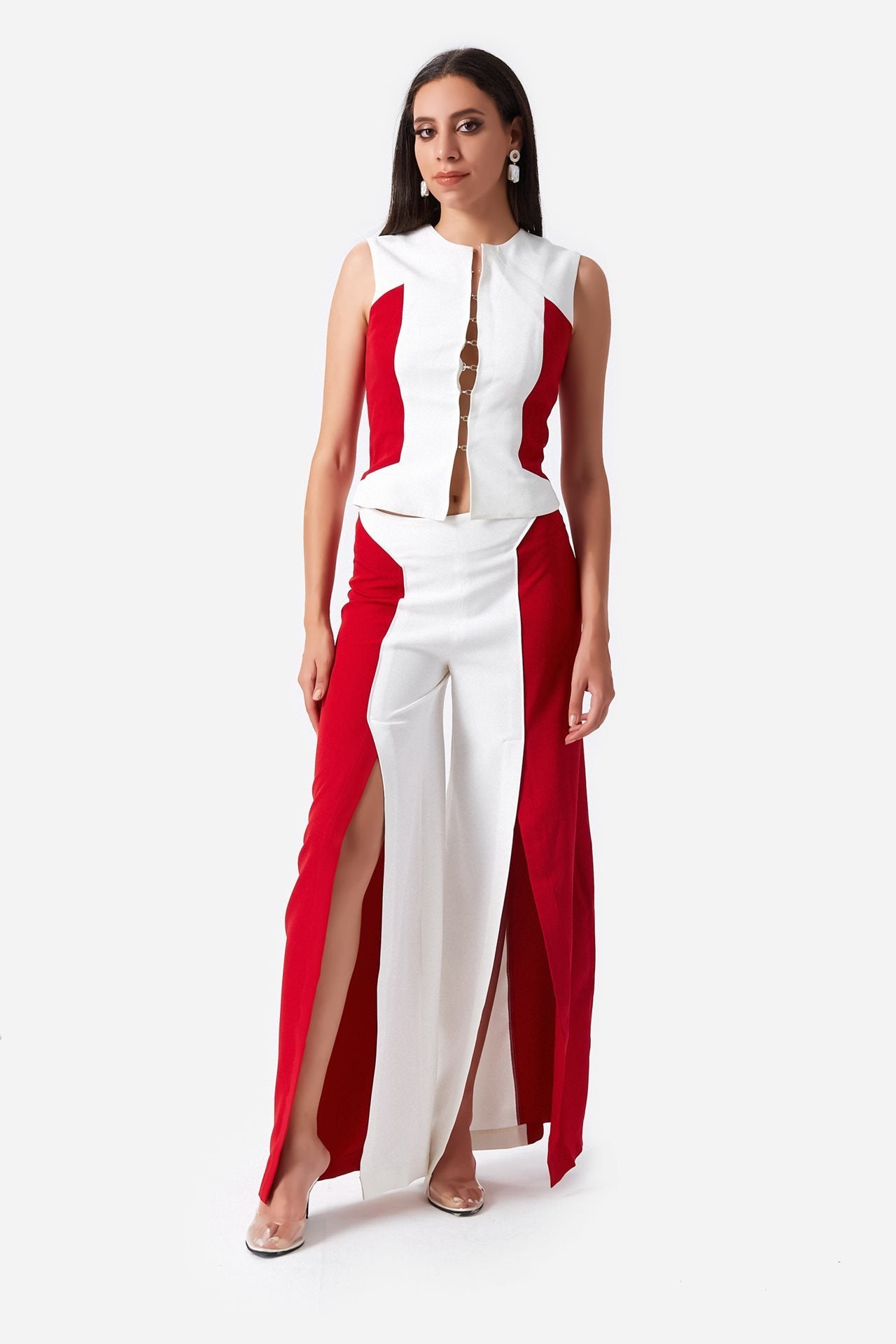 Rosette Slit Flair Trousers Women Pants Saqhoute S/M White*Red 