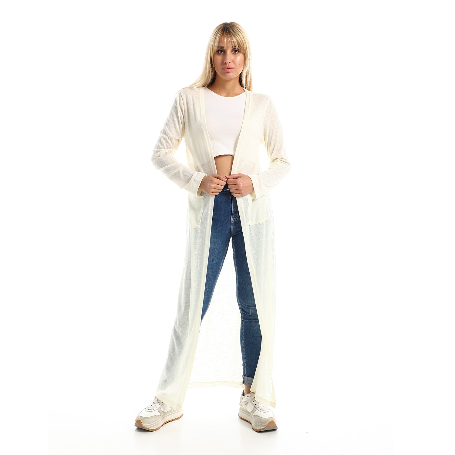Open Neckline Long Cardigan With Front Pockets - Kady
