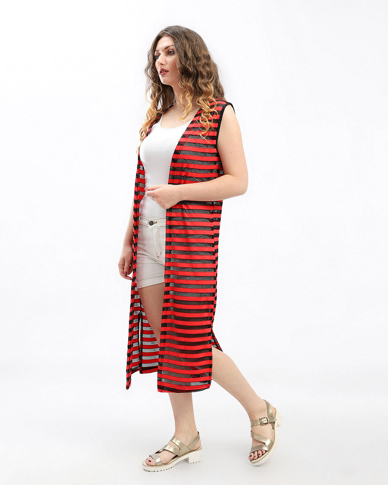 Stripe Perforated Sleeveless Cardigan