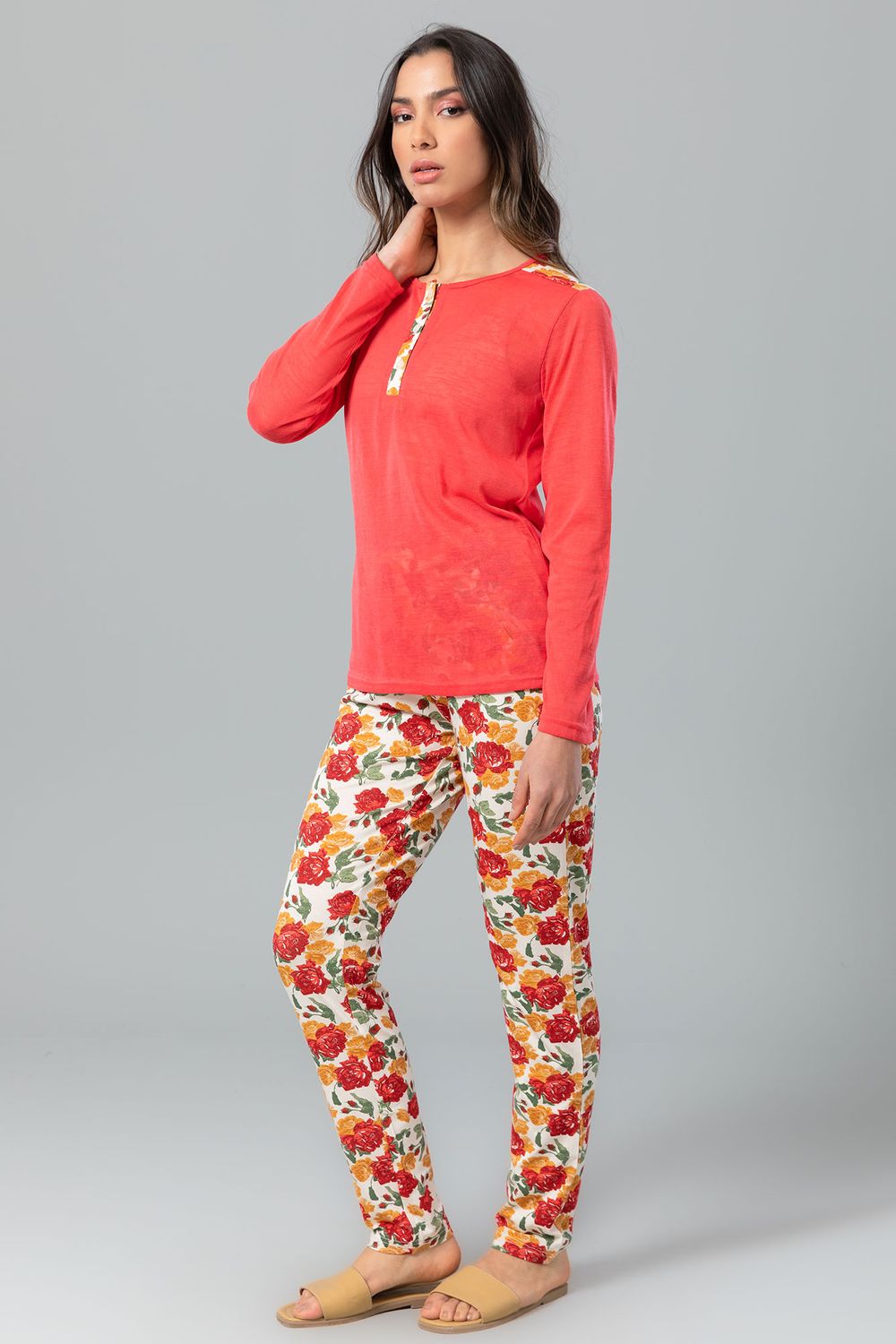 Kady Long Sleeves Top & Floral Pants Pajama Set