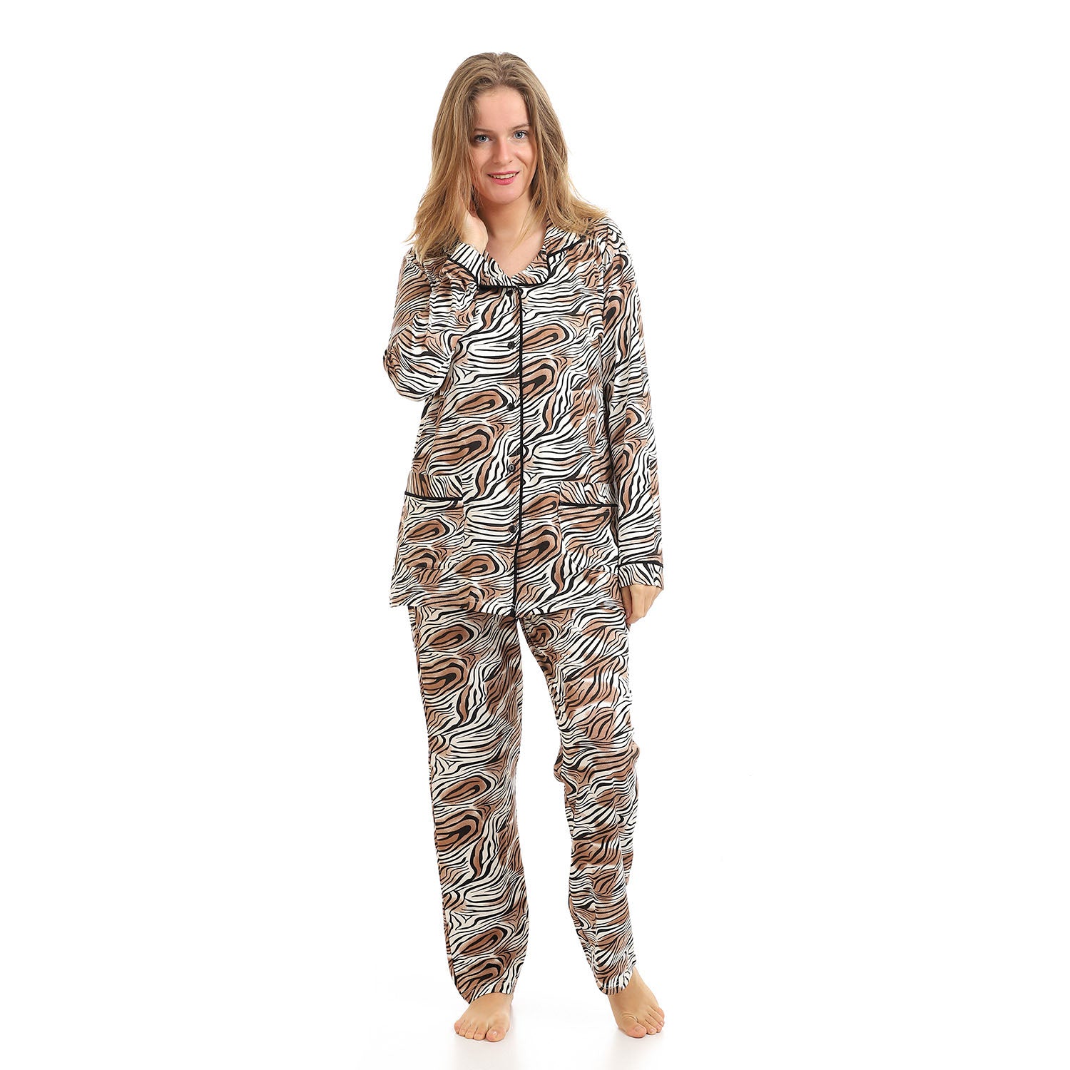 Front Pockets Zebra Long Sleeves Pajama Set
