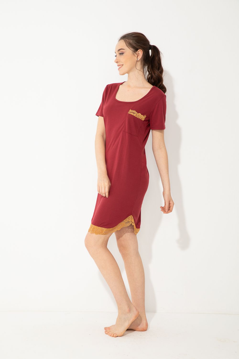 Deep Round Neck Comfy Sleepshirt With Lace Detailing