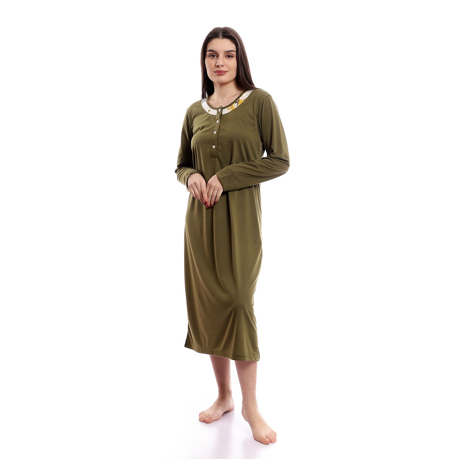 Floral Neck Comfy Long Sleeve Nightgown