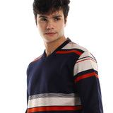 Striped V-Neck Fleeced Pullover - Kady
