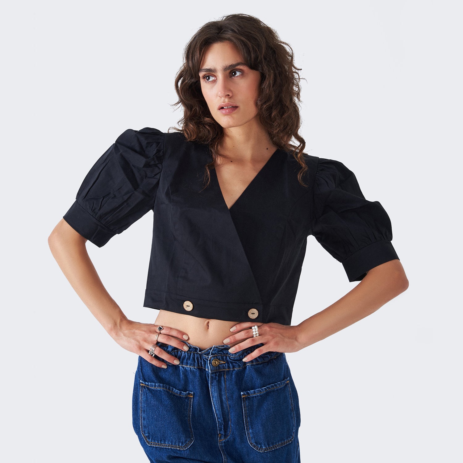 V-Neck with Puffy Sleeves Crop Top
