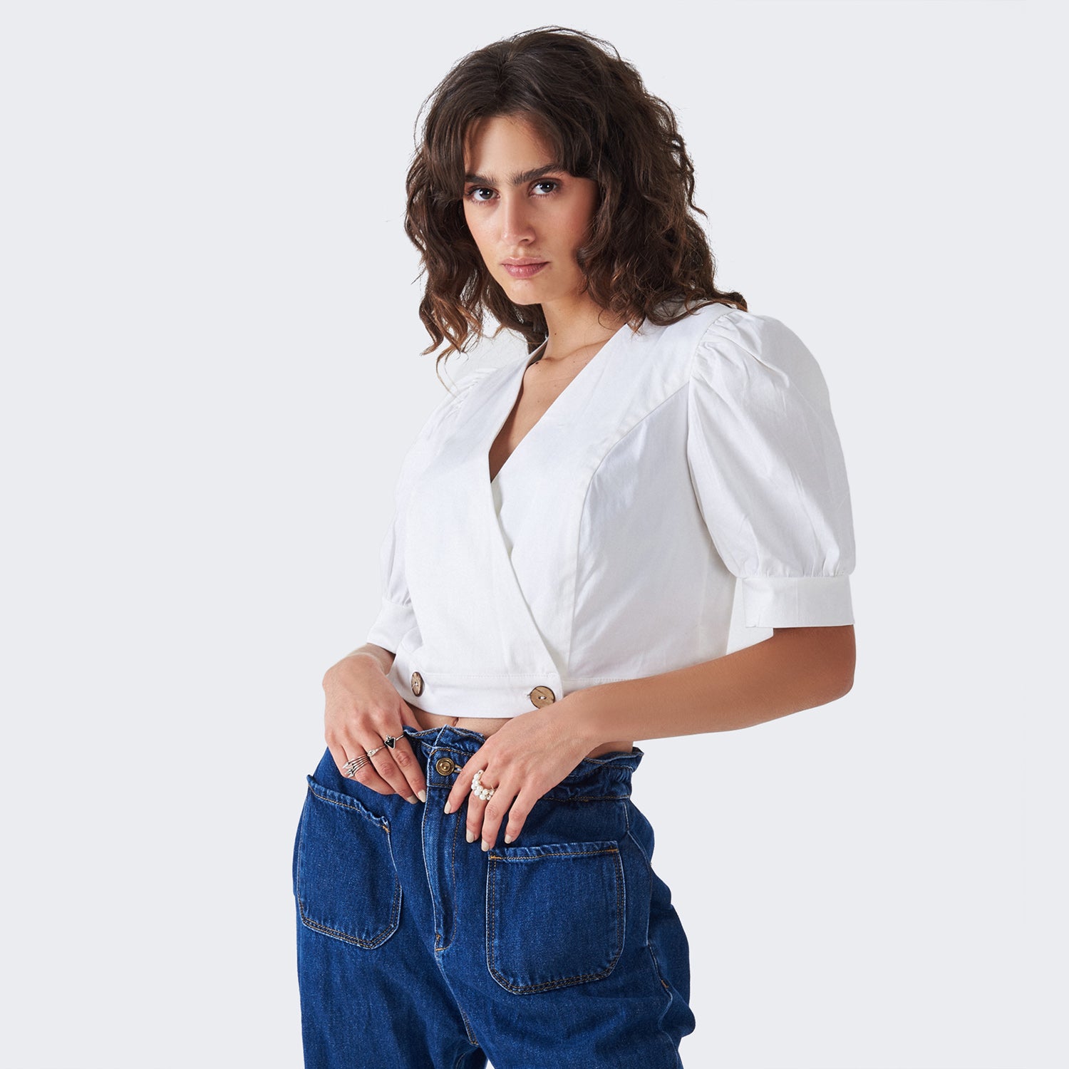 V-Neck with Puffy Sleeves Crop Top