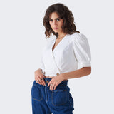 V-Neck with Puffy Sleeves Crop Top - DEA