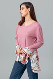 High-Low V-Neck Blouse With Floral Trim