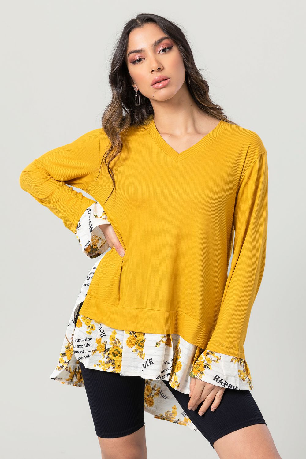 High-Low V-Neck Blouse With Floral Trim