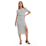 Striped Casual Dress With Side Slits - Kady